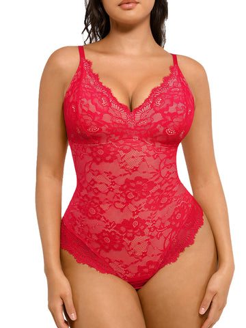 Women's Lace V Neck Full Bodysuit Tummy Control Body Shaper