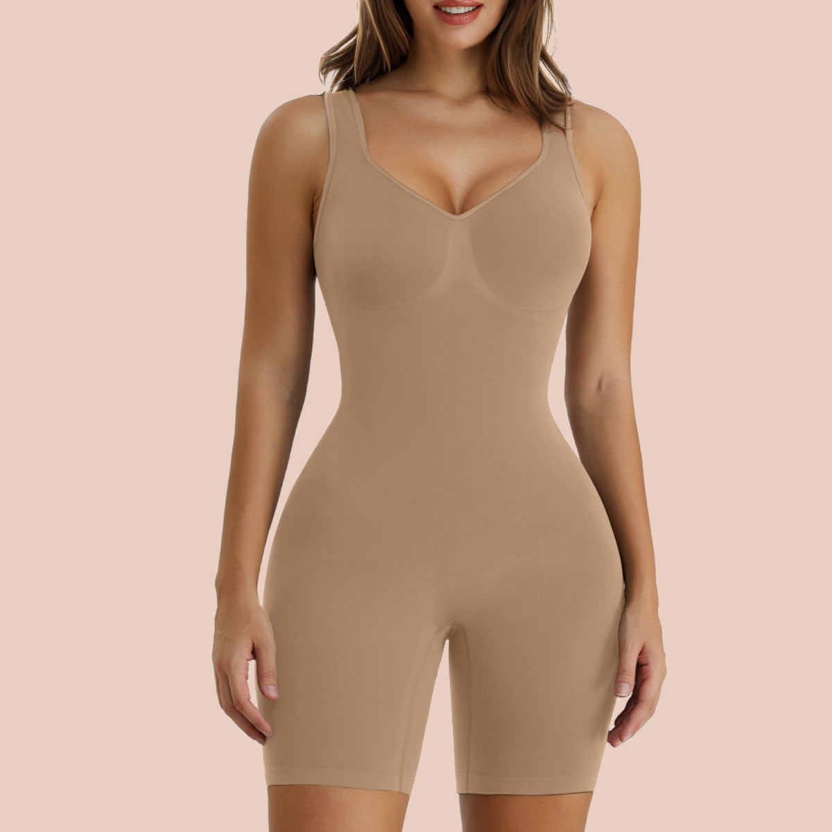 Womens Seamless Wide Straps Mid-Thigh Tummy Control Bodysuit