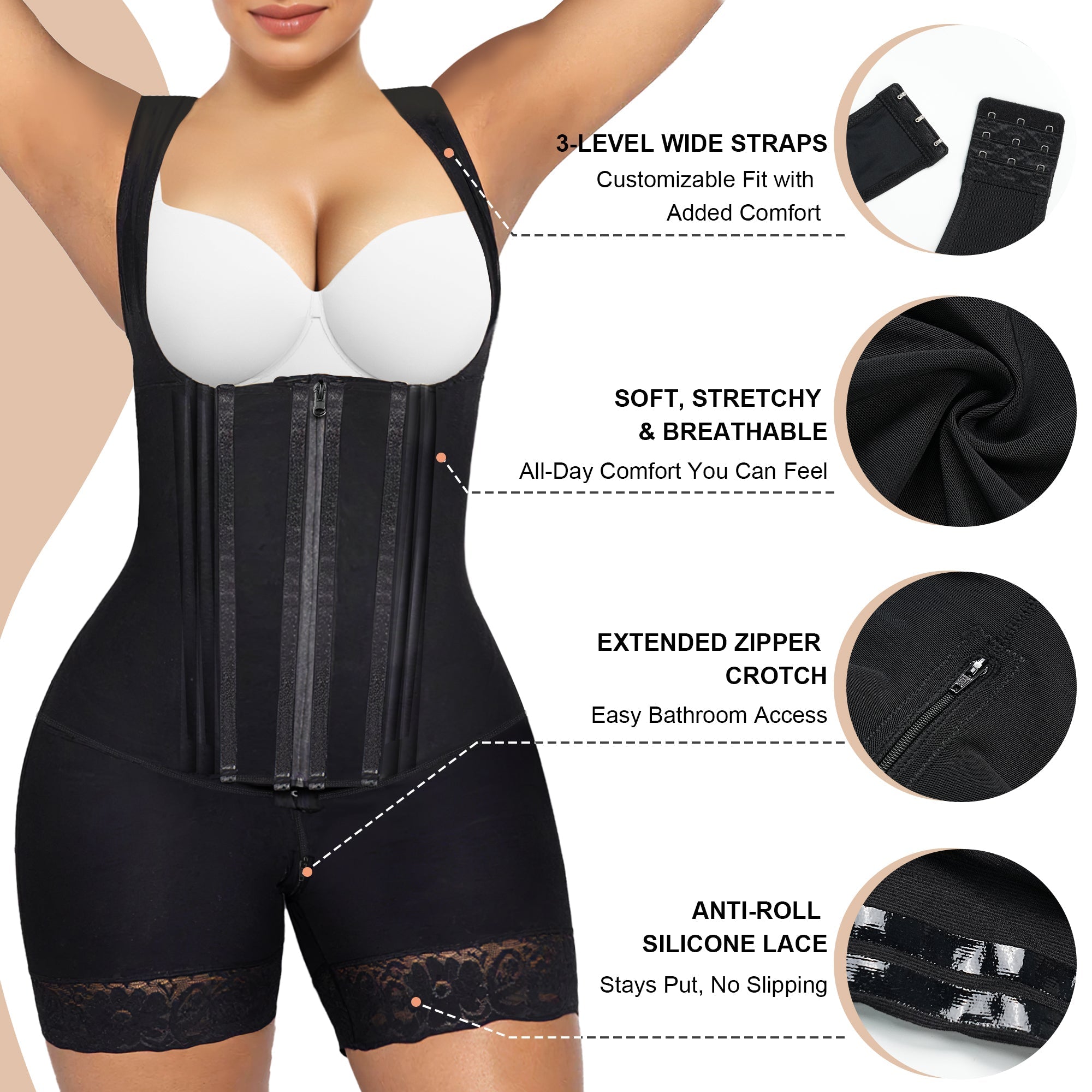 NewShapewear Zipper & Hook 8-Steel-Bones Open Bust Stage 2 Fajas with Butt Lift