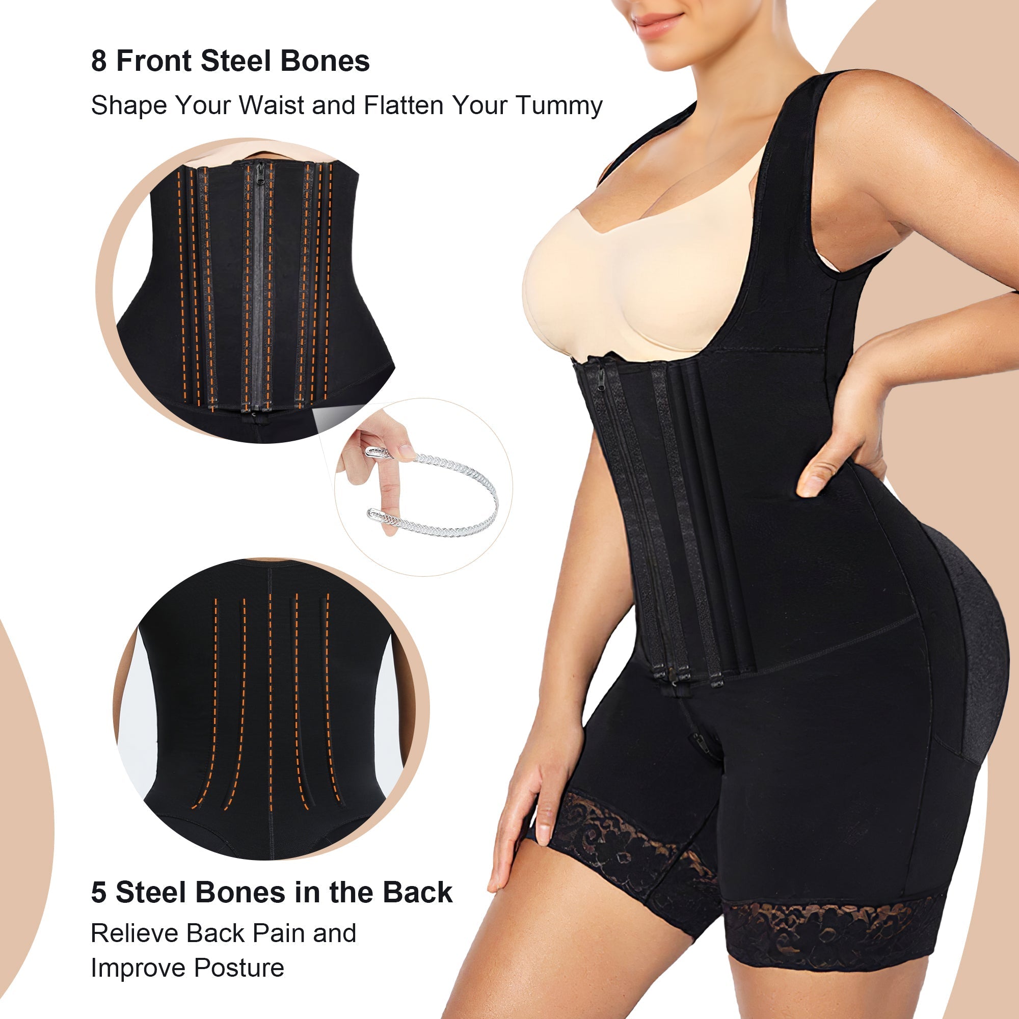 NewShapewear Zipper & Hook 8-Steel-Bones Open Bust Stage 2 Fajas with Butt Lift
