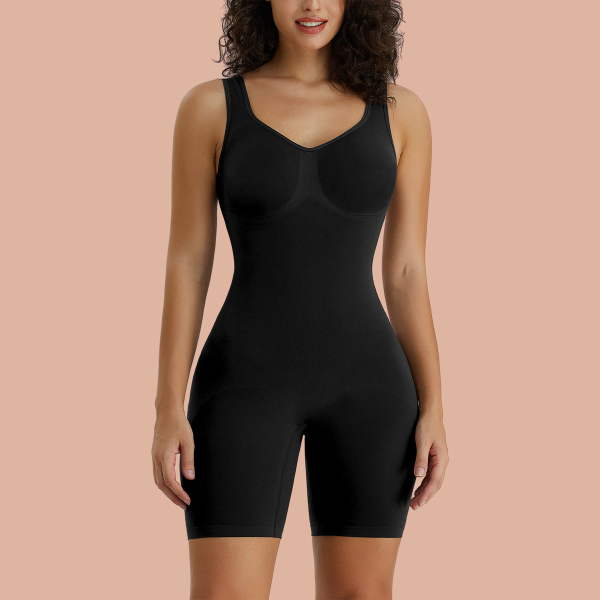 Womens Seamless Wide Straps Mid-Thigh Tummy Control Bodysuit