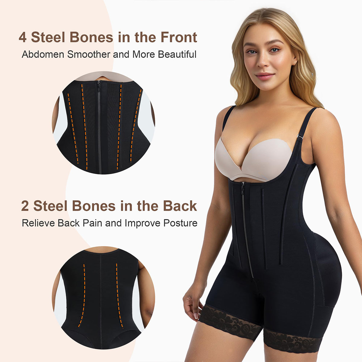 NewShapewear 6-Steel-Bones Tummy Control Zip & Hooks Faja with Butt Lift