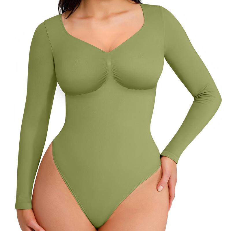 Women's Seamless Shaping Long Sleeve Thong Bodysuit Basic Comfort Top & Underwear