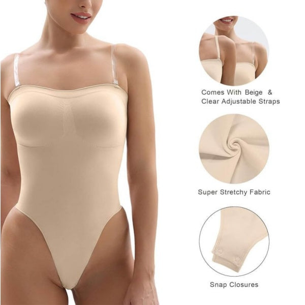 Womens Seamless Thong Bodysuit Removable Straps Tummy Control Shapewear