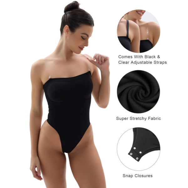 Womens Seamless Thong Bodysuit Removable Straps Tummy Control Shapewear