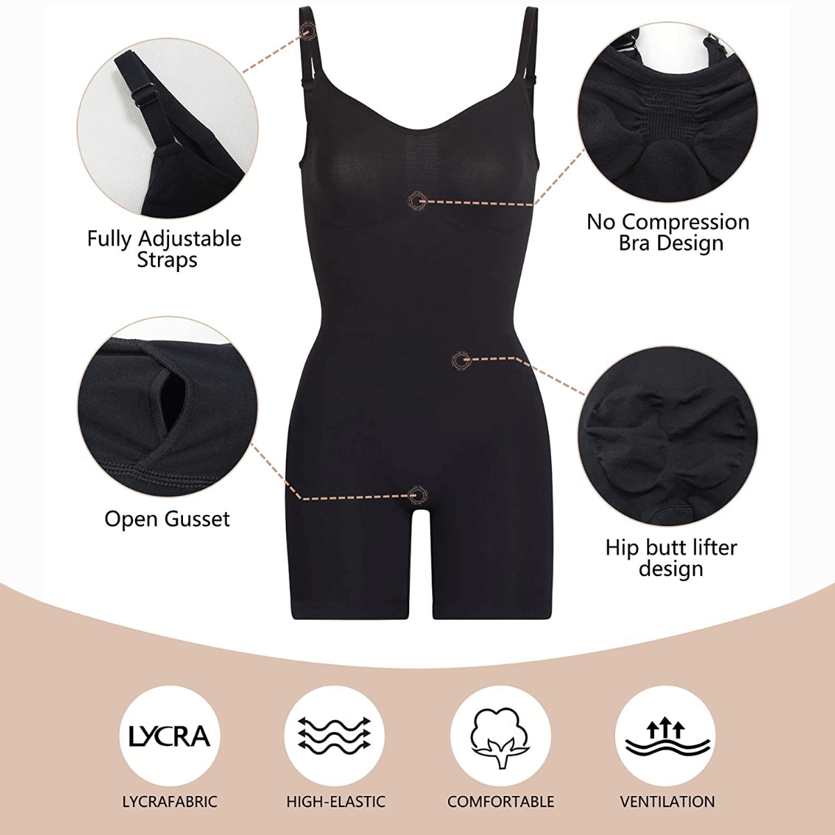 Womens Seamless Adjustable Strap Tummy Control Shorts Shapewear Bodysuit