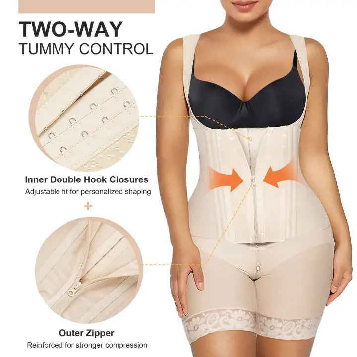 NewShapewear Zipper & Hook 8-Steel-Bones Open Bust Stage 2 Fajas with Butt Lift