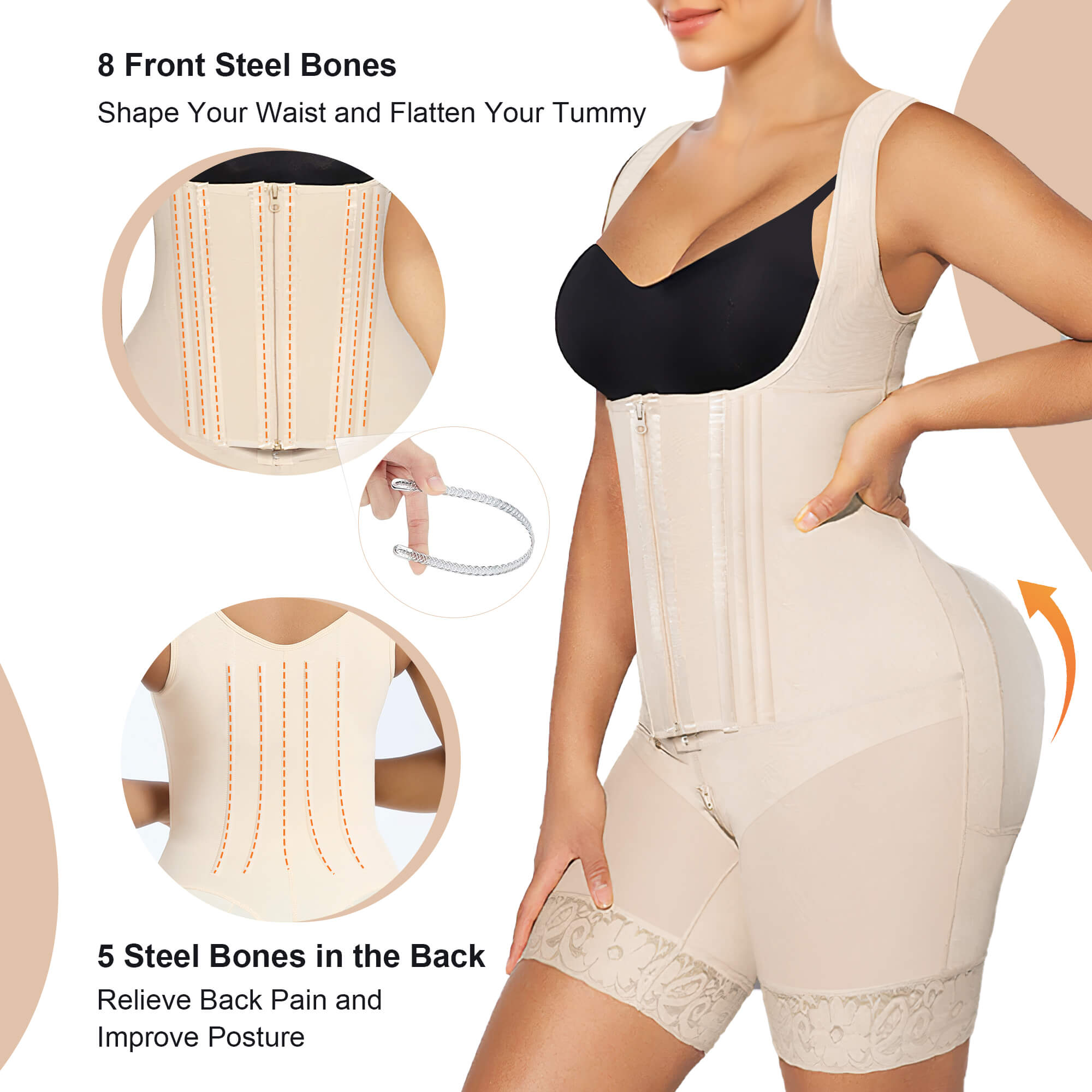 NewShapewear Zipper & Hook 8-Steel-Bones Open Bust Stage 2 Fajas with Butt Lift