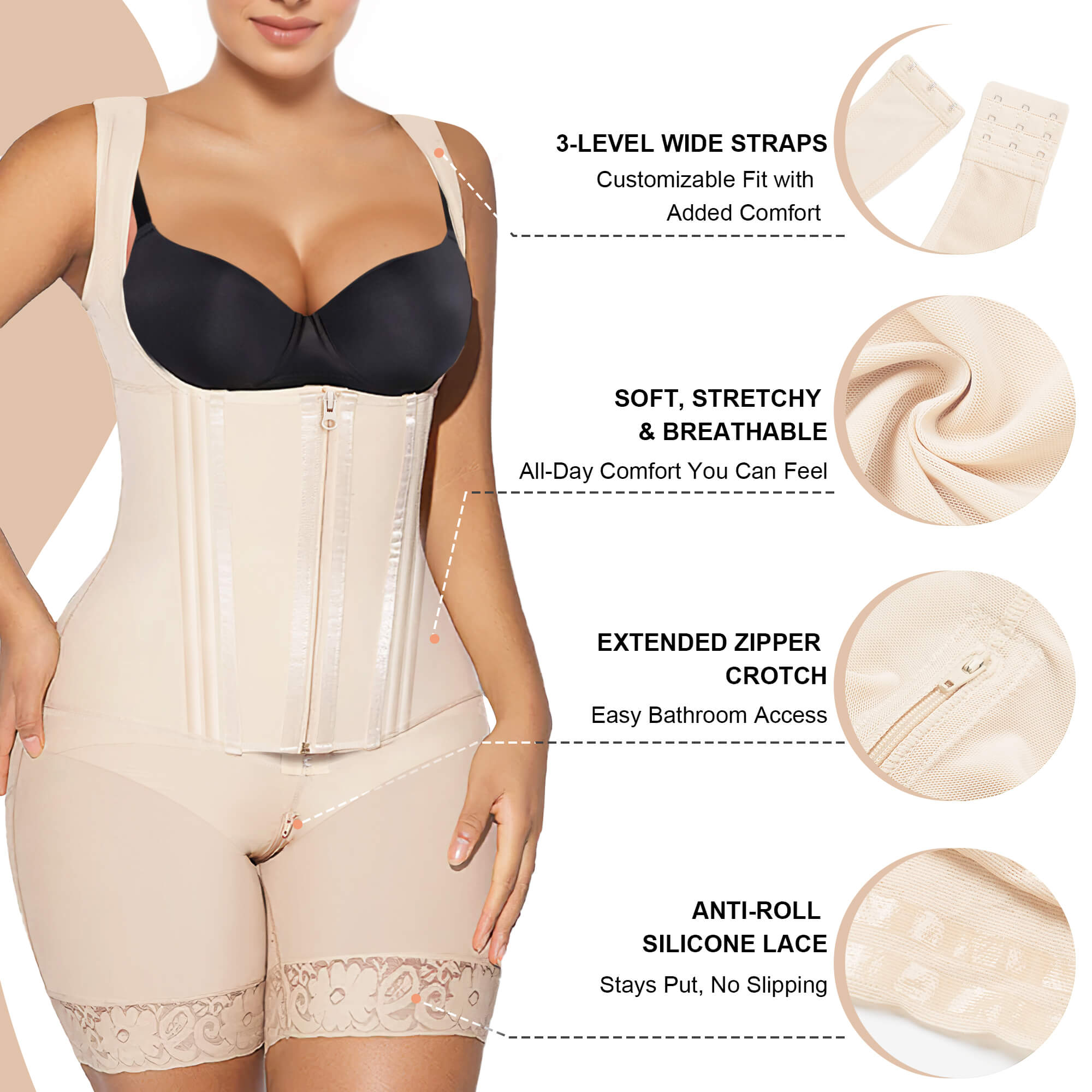 NewShapewear Zipper & Hook 8-Steel-Bones Open Bust Stage 2 Fajas with Butt Lift