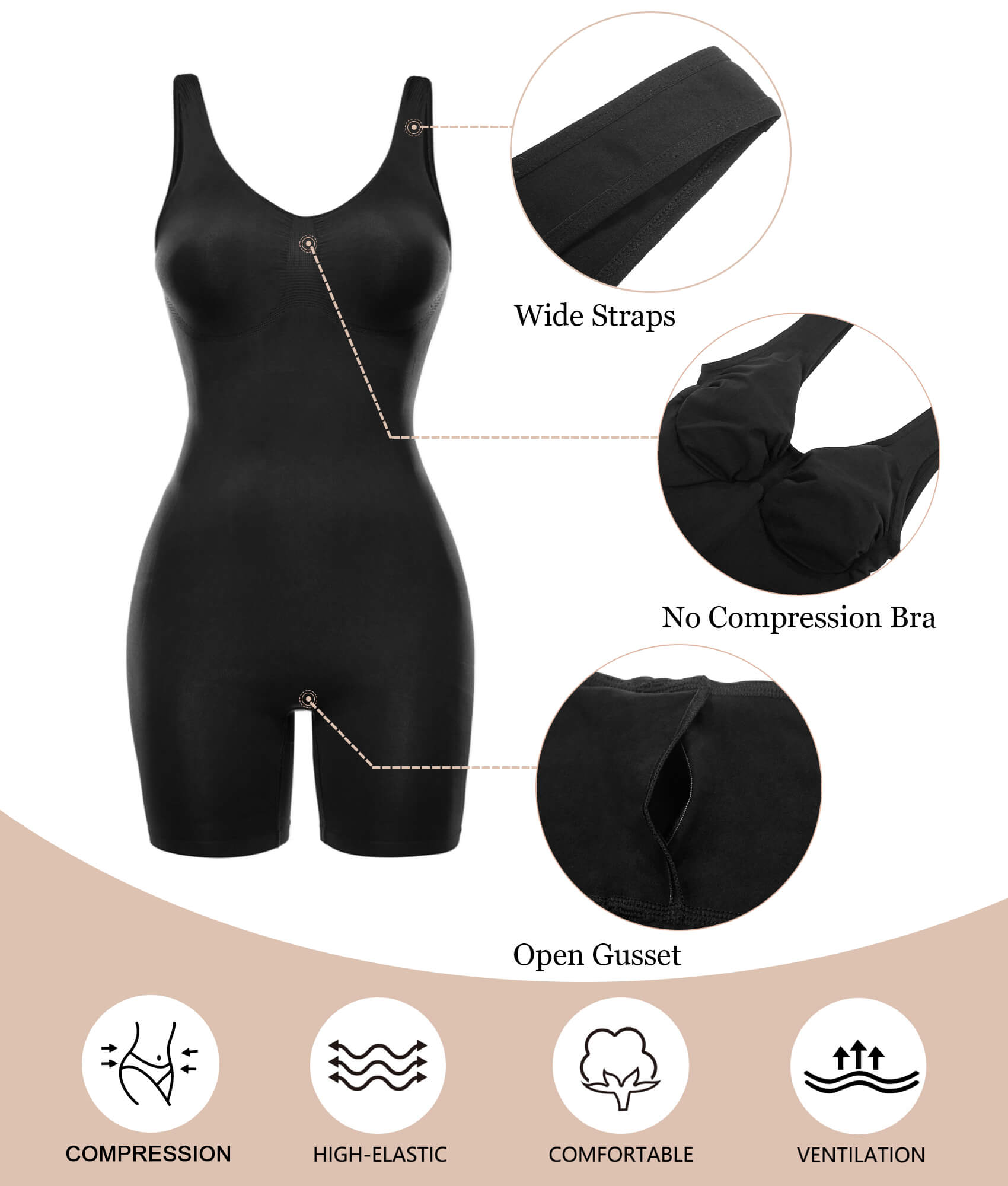 Womens Seamless Wide Straps Mid-Thigh Tummy Control Bodysuit
