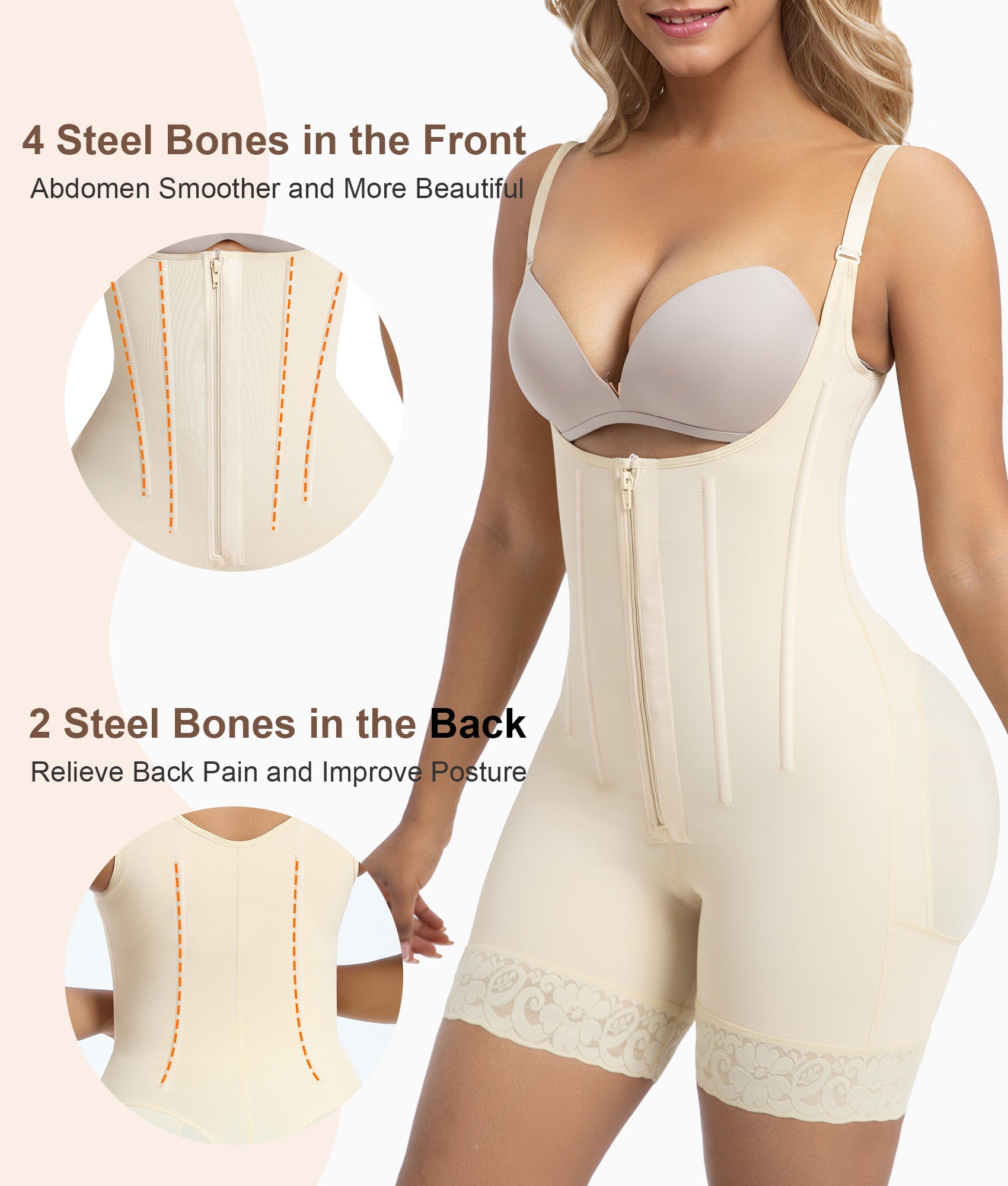 NewShapewear 6-Steel-Bones Tummy Control Zip & Hooks Faja with Butt Lift