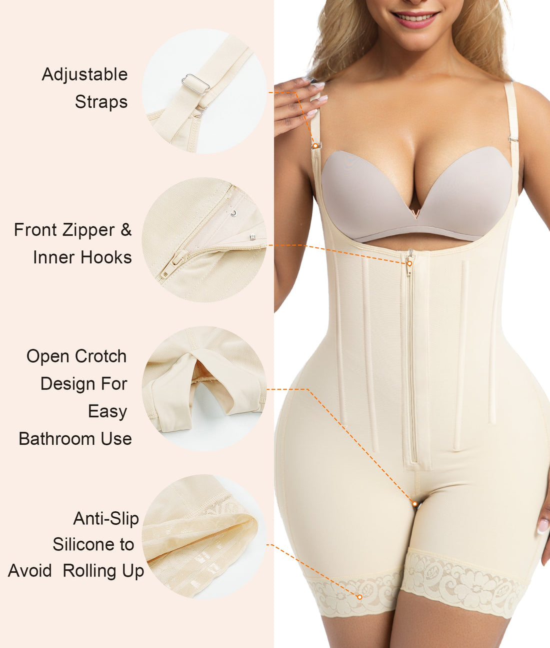 NewShapewear 6-Steel-Bones Tummy Control Zip & Hooks Faja with Butt Lift