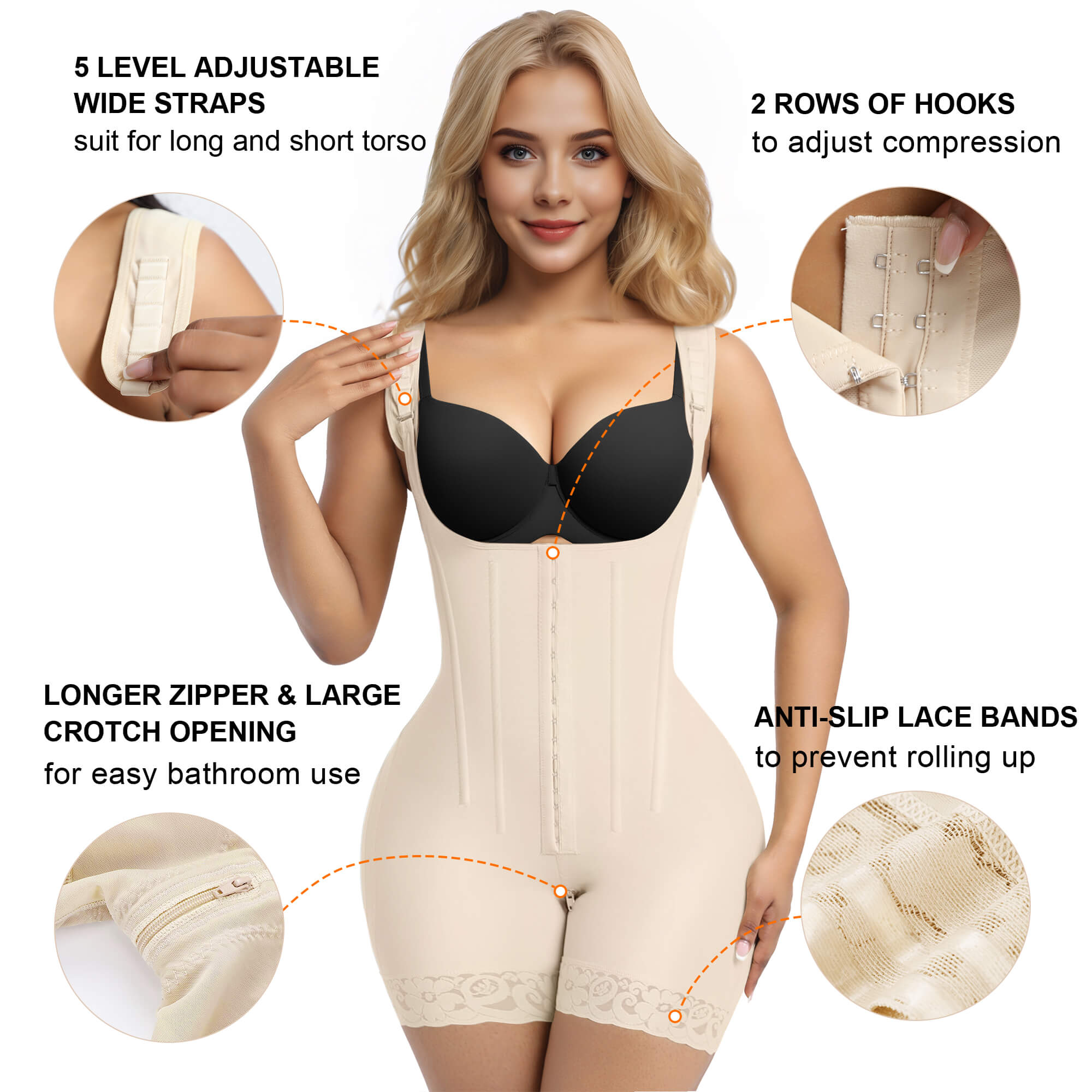 NewShapewear 6-Steel-Bones Hooked Faja Tummy Control Bodysuit with Butt Lift
