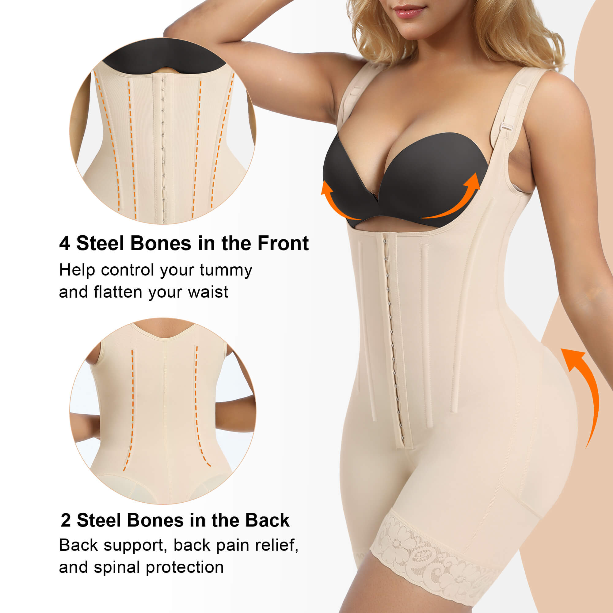 NewShapewear 6-Steel-Bones Hooked Faja Tummy Control Bodysuit with Butt Lift