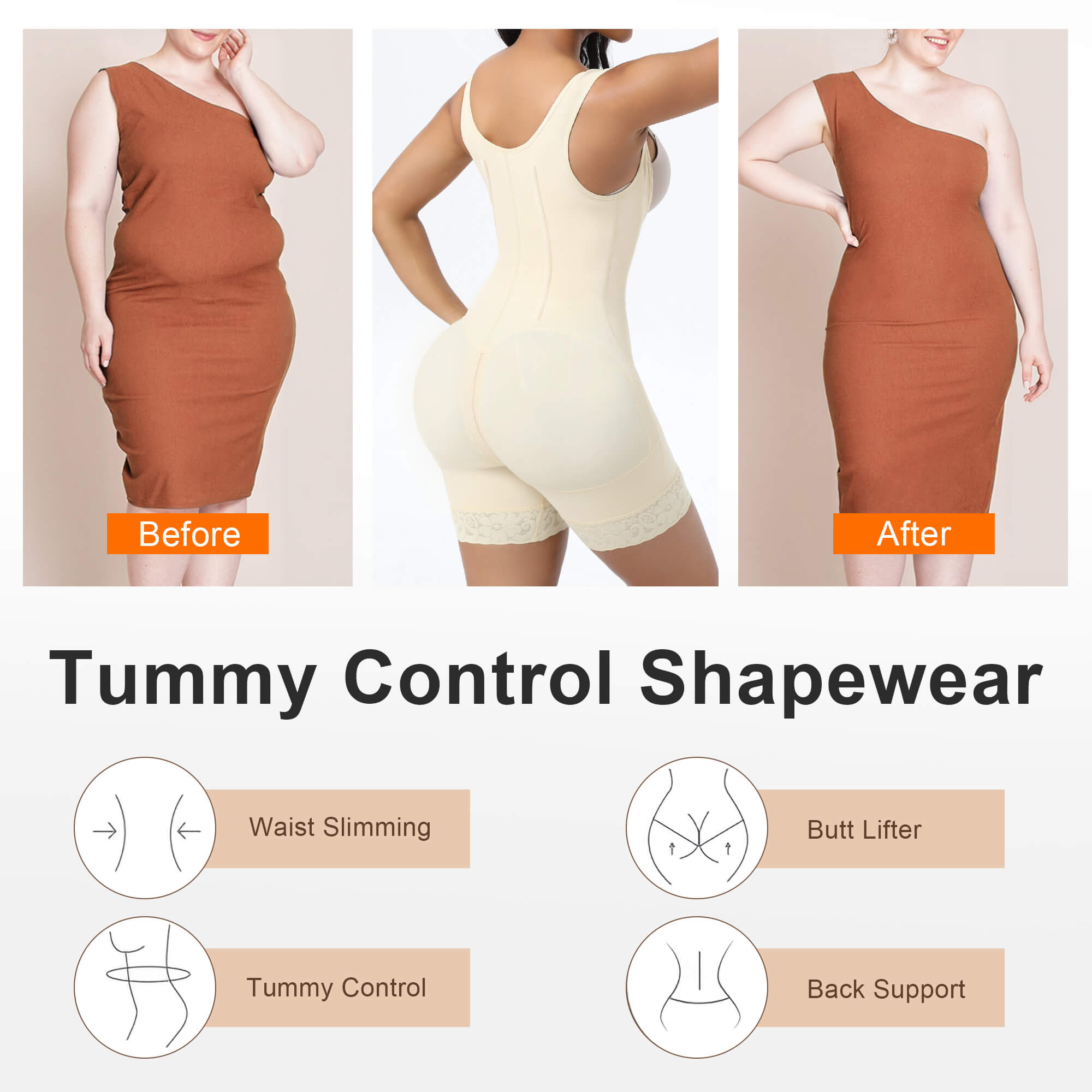 NewShapewear 6-Steel-Bones Hooked Faja Tummy Control Bodysuit with Butt Lift