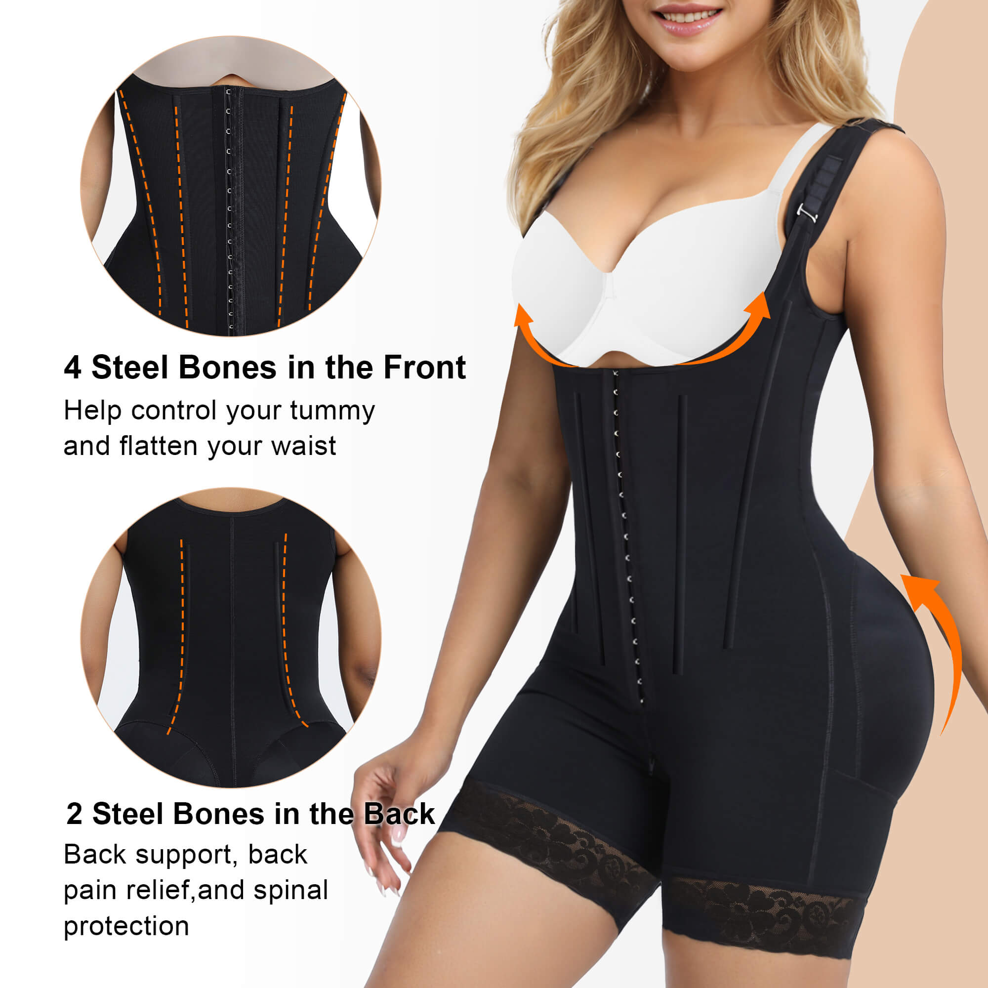 NewShapewear 6-Steel-Bones Hooked Faja Tummy Control Bodysuit with Butt Lift